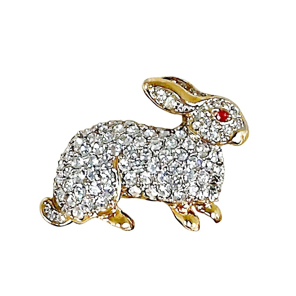 Vintage Pavé Rhinestone Rabbit Brooch Goldtone Red Ruby Eye Unsigned KJL Style